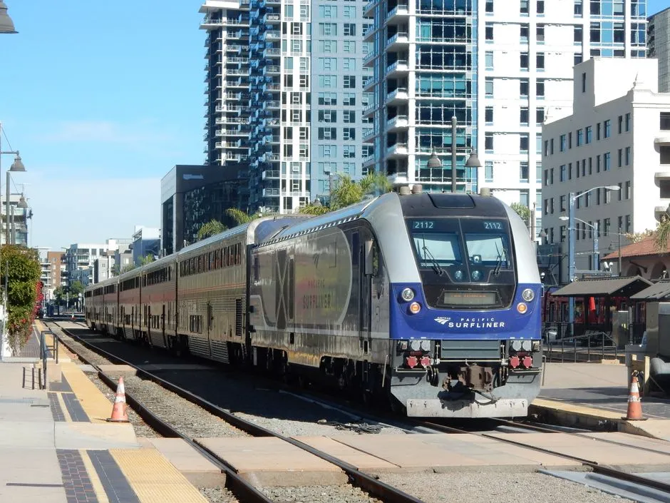 Amtrak Pacific Surfliner train arriving in downtown San Diego